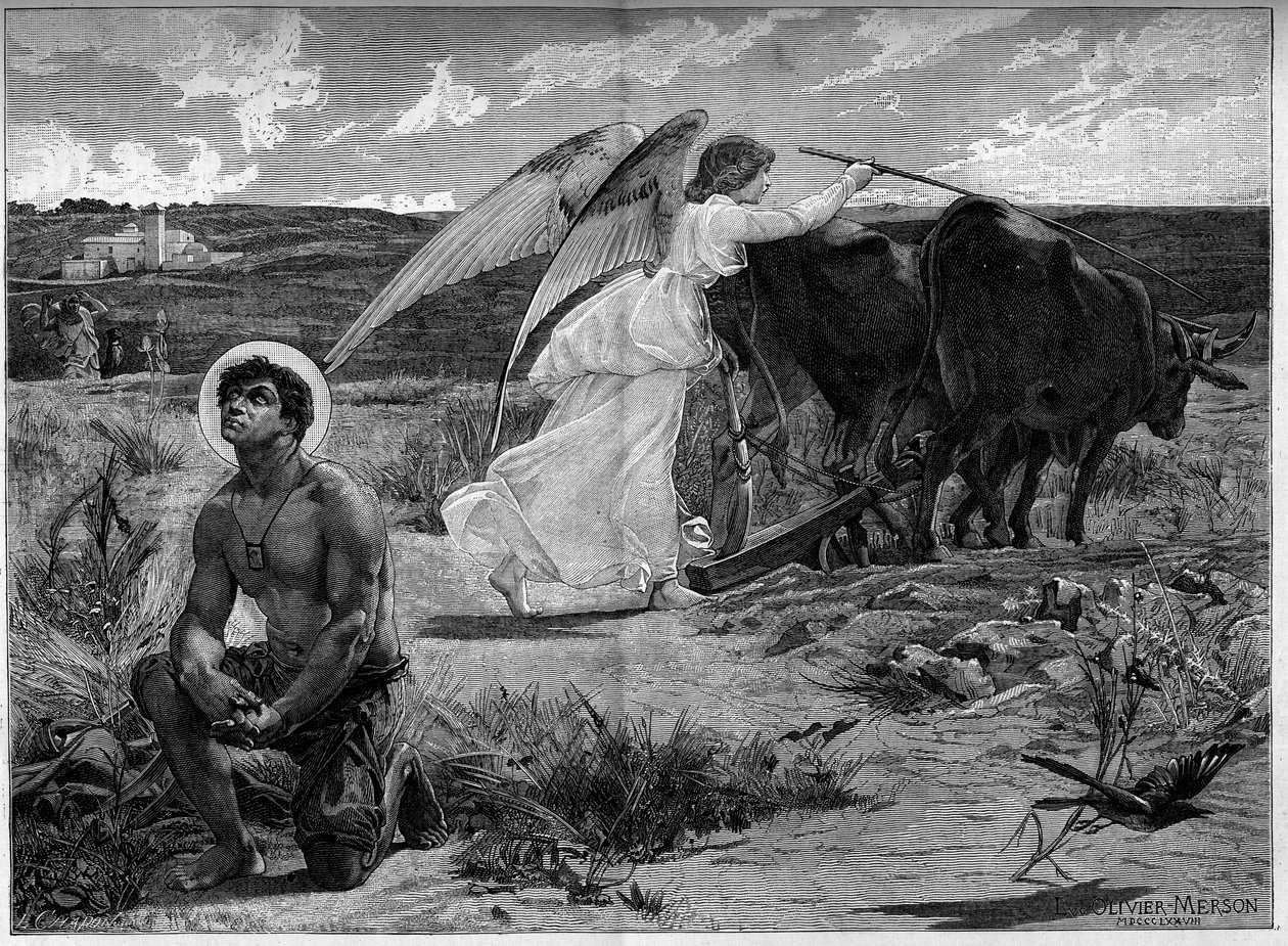 Sankt Isidore, plöjarnas beskyddare. En ängel hjälper den helige Isidore att plöja en åker med en plog. 1800-talet. Gravyr efter målningen av Luc Olivier Merson (1846-1920). I "" The Illustrous World"" nr 1294 av 21 januari av Luc Oliver Merson