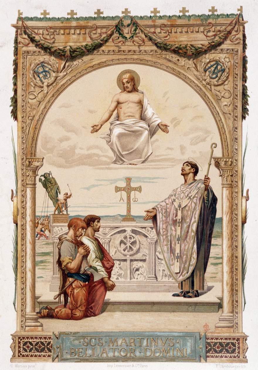 Saint Martin (Saint Martin) evangelisator av Gallien under Kristi öga - chromo. enligt en målning av Merson av Luc Oliver Merson