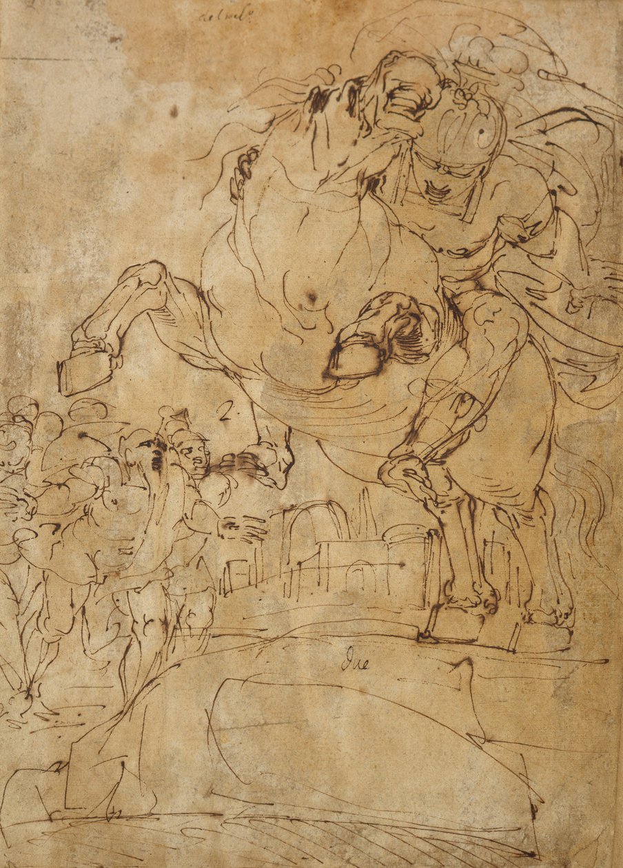 Marcus Curtius hoppar in i avgrunden, ca 1574 (penna och brunt bläck på papper) av Luca Cambiaso