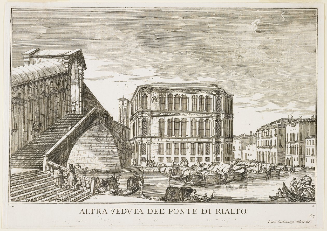 Utsikt över Rialtobron, skylt från The Buildings and Views of Venice, 1703, 1750-53 av Luca Carlevaris