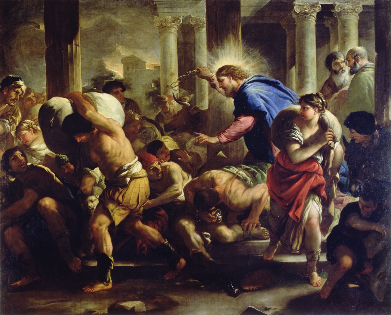 Kristus driver köpmännen från templet av Luca Giordano