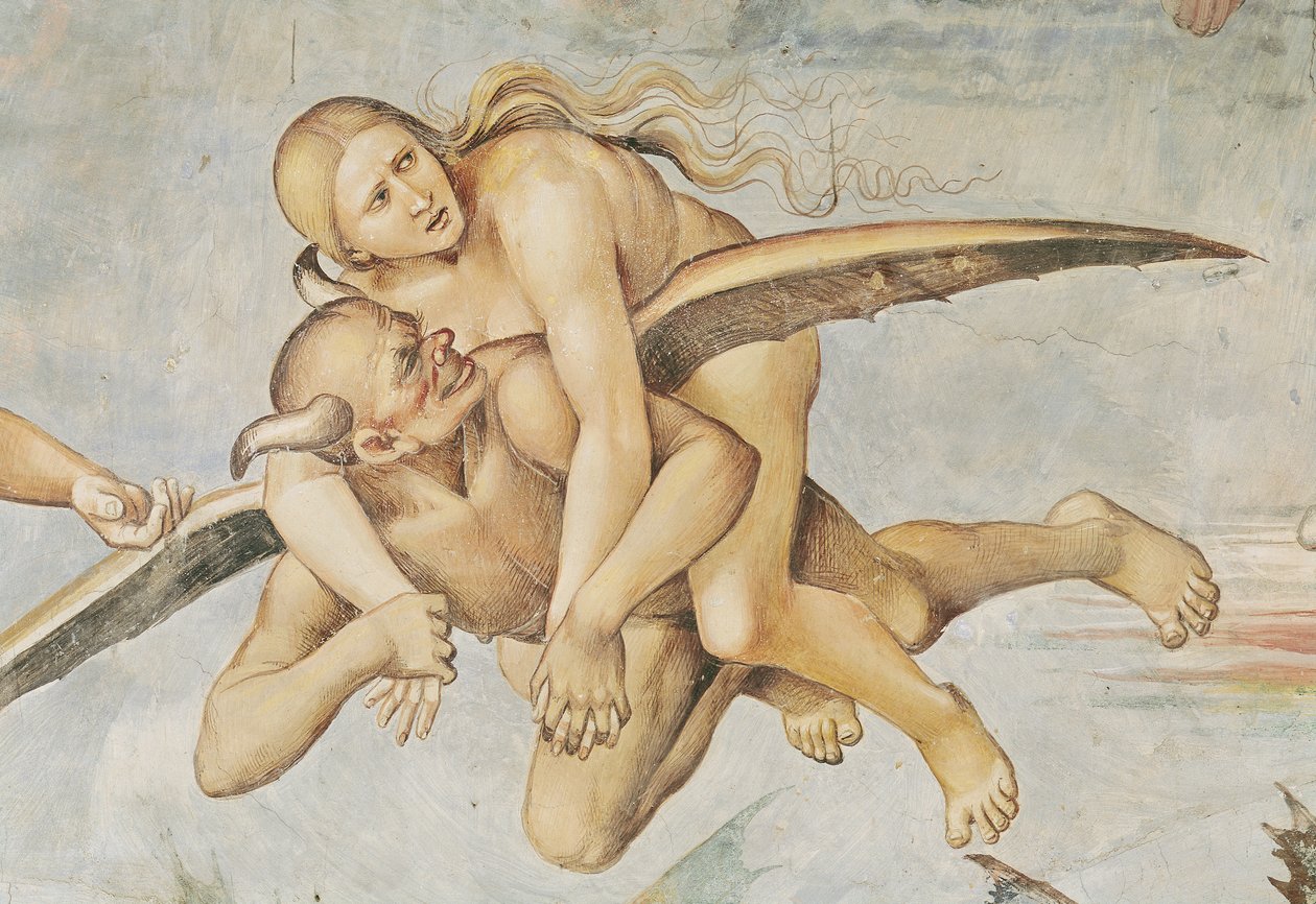 En av de fördömda Ridning on a Devil, från den sista domen (detalj) av Luca Signorelli