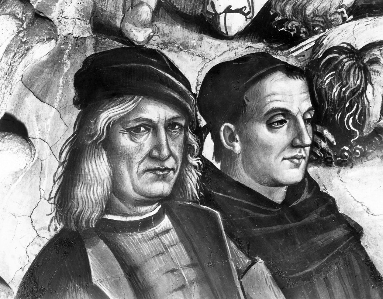 Porträtt av Luca Signorelli och Fra Angelico, detalj från Antikrists predikan och handlingar av Luca Signorelli