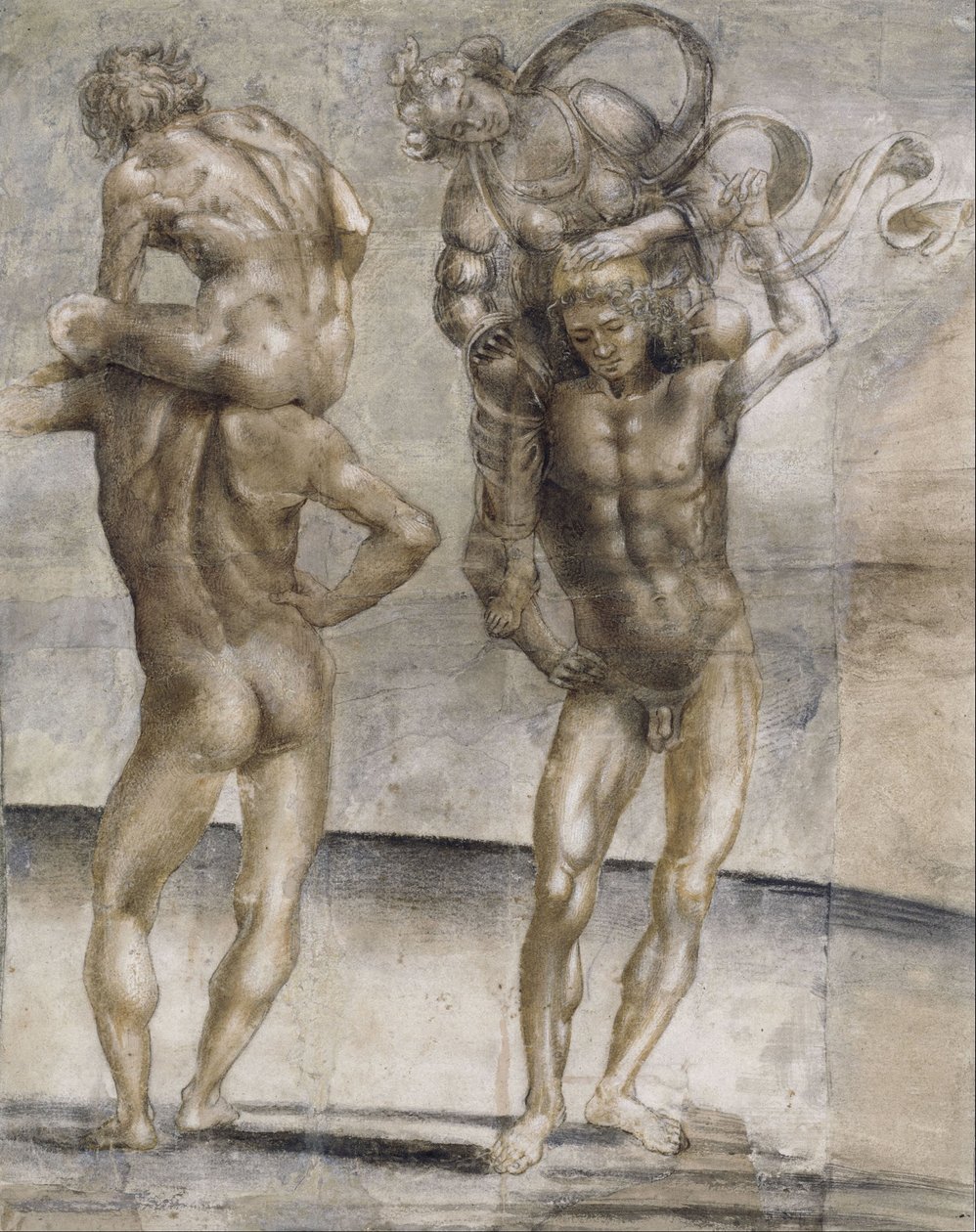 Two nude youths carrying a young woman and a young man av Luca Signorelli