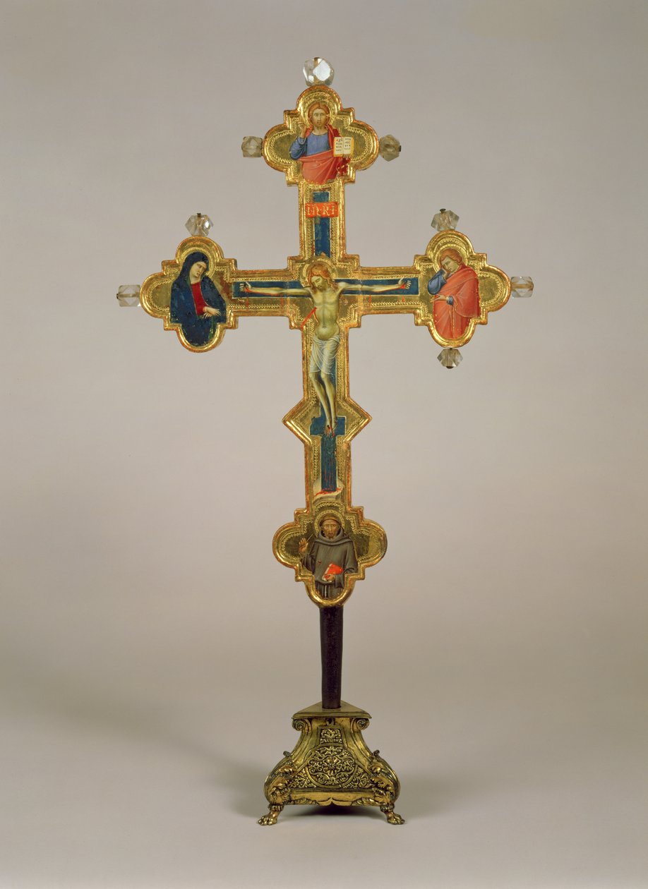 Bärbart kors, dekorerat med scener av den korsfäste Kristus med jungfrun, St. Johannes evangelisten och St. Franciskus (framsida) (tempera, silver och bladguld på trä med bergskristall) (för baksidan) av Luca di Tommè