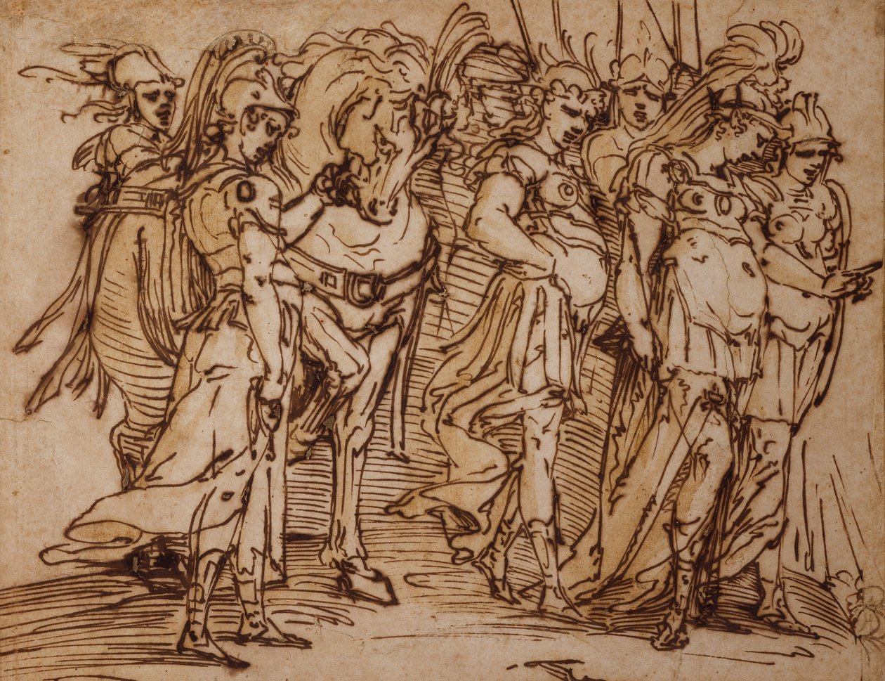 Amazoner med en häst i procession till höger (penna och bläck) av Luca Cambiaso
