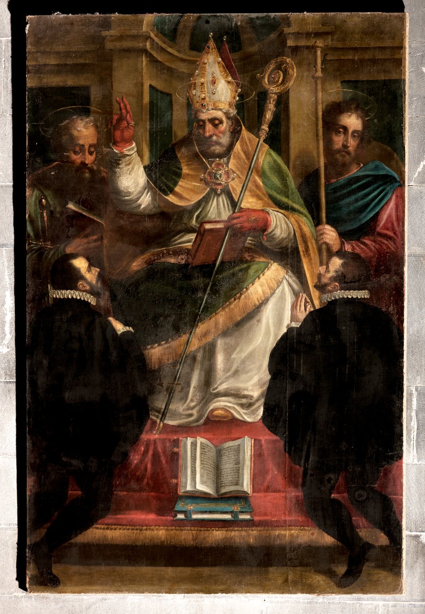 Genua, Duomo (St Lawrence Cathedral): "St Gotthard mellan St Paul och St James och två knästående hängivna" (1571), av Luca Cambiaso (med ommålningar av Carlo Giuseppe Ratti) av Luca Cambiaso