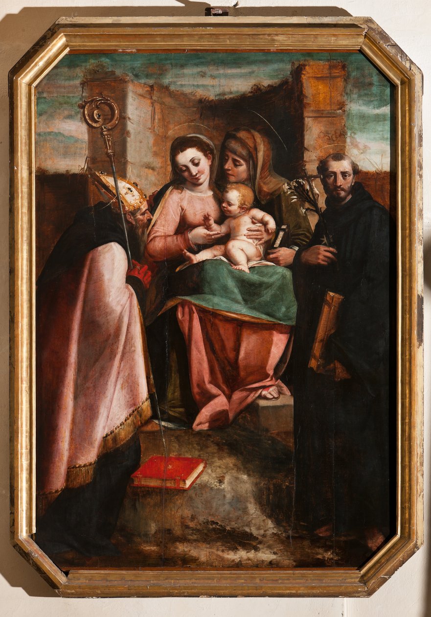 Genua, Duomo (St Lawrence Cathedral), inuti, Baptistery (tidigare Church of St John the Old): "Madonna och barn bland St Anne, St Nicholas of Bari och St Nicholas of Tolentino", av Luca Cambiaso av Luca Cambiaso