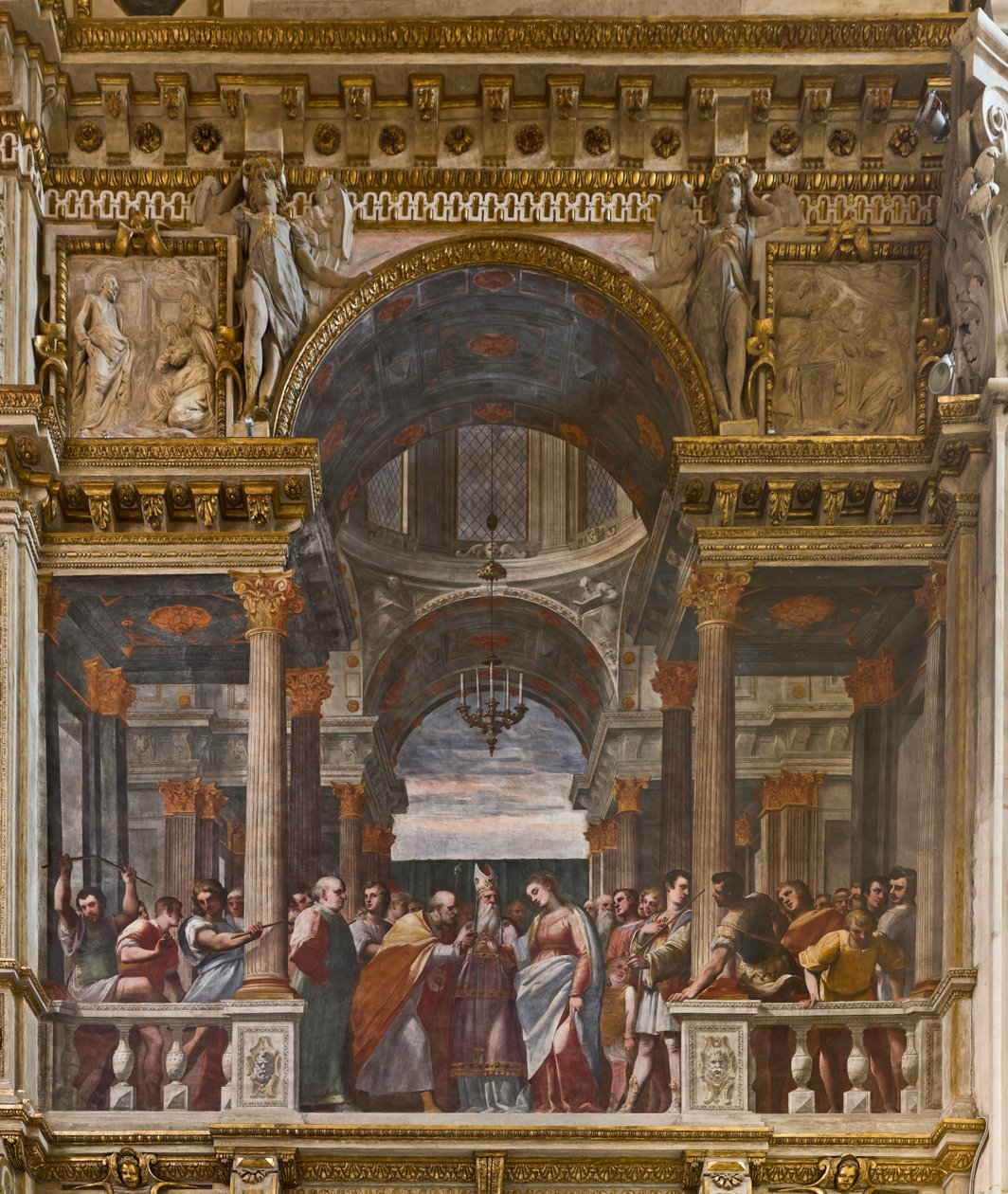 Genua, Duomo (St. Lawrence-katedralen), inuti, Lercari-kapellet eller det heliga sakramentets kapell (norra absiden), södra sidan: "Jungfruns trolovning", fresk av Luca Cambiaso av Luca Cambiaso