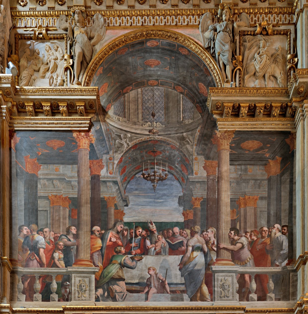 Genua, Duomo (St. Lawrence-katedralen), inuti, Lercari-kapellet eller det heliga sakramentets kapell (norra absiden), norra sidan: "Presentationen i templet", fresk av Luca Cambiaso av Luca Cambiaso