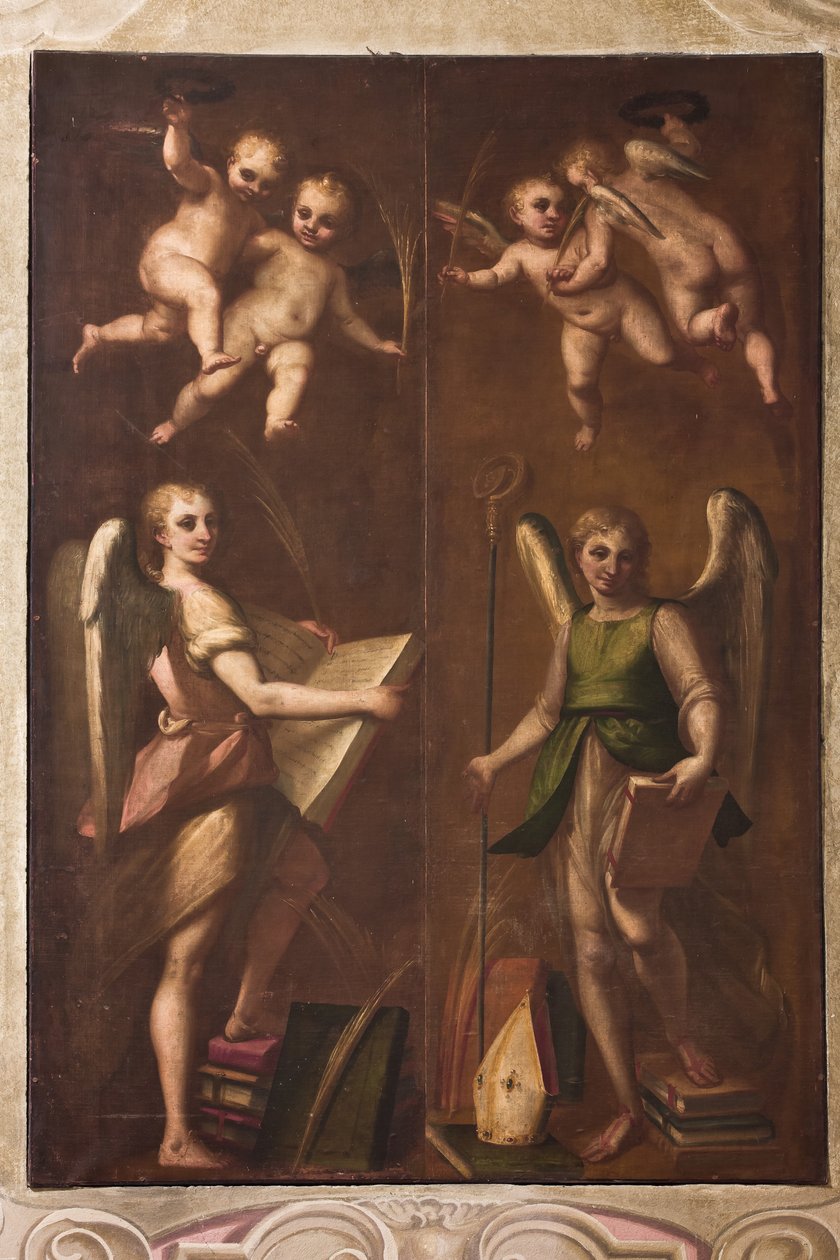 Genua, Duomo (St Lawrence-katedralen), sakristia, kapell: "Änglar med biskopliga insignier, böcker och palmgrenar", av Luca Cambiaso, ca 1580 av Luca Cambiaso