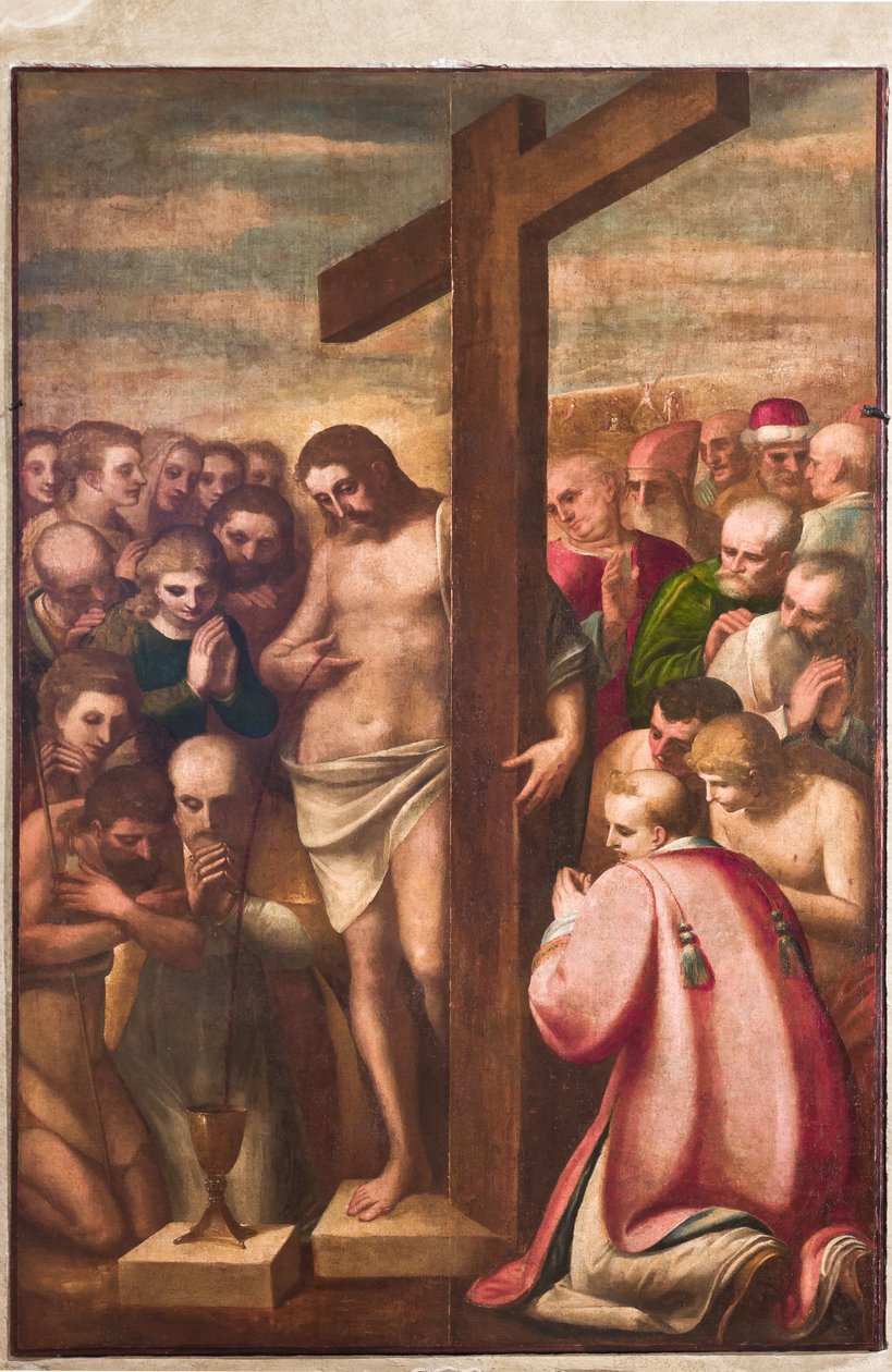 Genua, Duomo (St. Lawrence-katedralen), sakristia, kapell: "Eukaristisk Kristus tillbedd av heliga", av Luca Cambiaso, ca 1580 av Luca Cambiaso