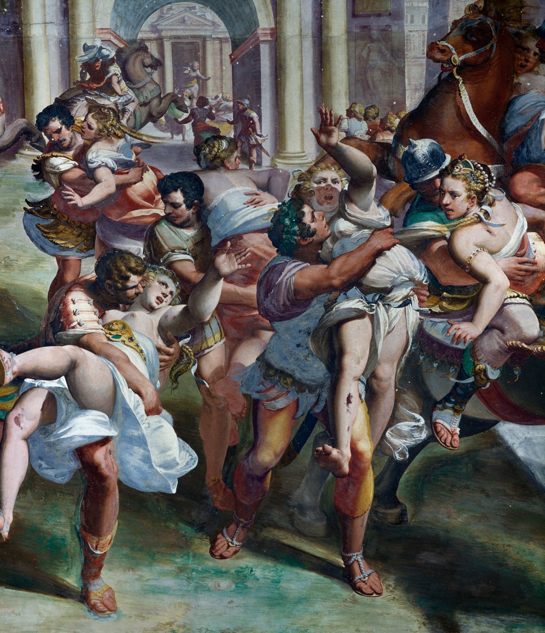 The Rape of Sabine Women (1500-talet), av Luca Cambiaso (1527-1585), fresk, Villa Imperiale, Genua, Ligurien, Italien, detalj av Luca Cambiaso