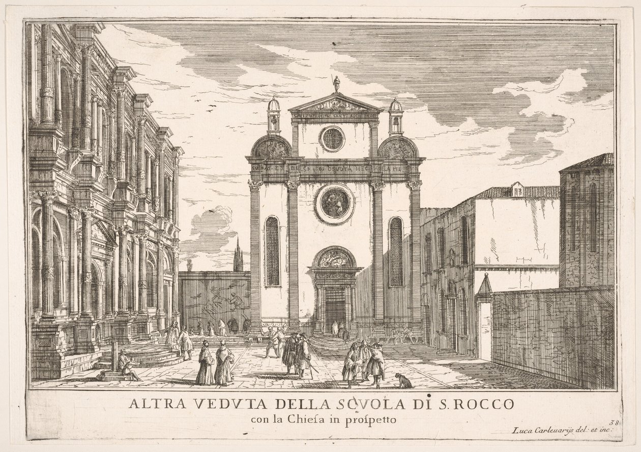 Skylt 38: Vy över fasaden på kyrkan St. Roch och till vänster fasaden på Schoo..., 1703. av Luca Carlevarijs