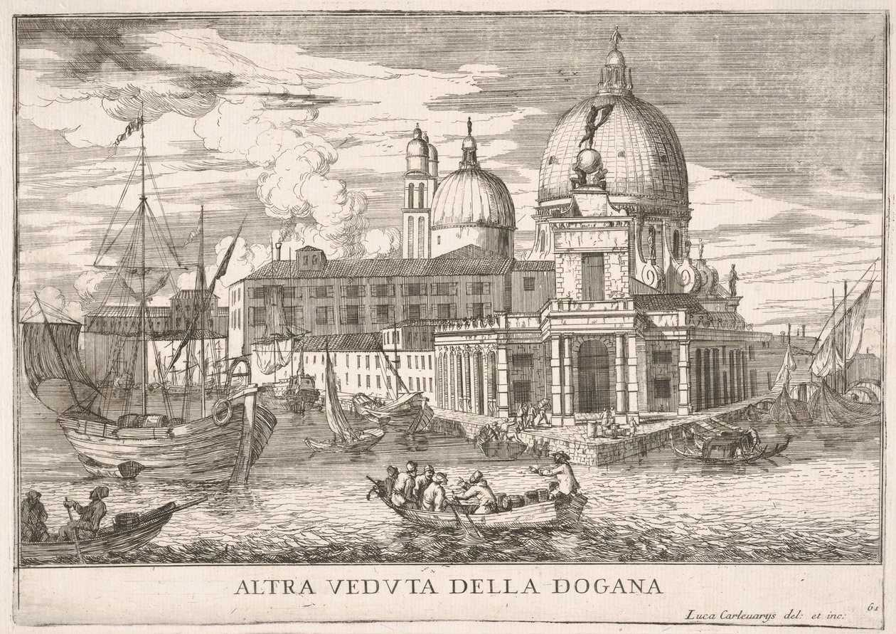 Skylt 61: Utsikt över tullhuset Dogana da Mar vid sammanflödet av Canal Grande a..., 1703. av Luca Carlevarijs