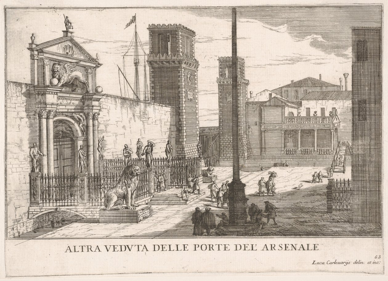 Skylt 63: Vy över porten till varvet och vapenhuset Arsenale, Venedig, 1703, fr..., 1703. av Luca Carlevarijs