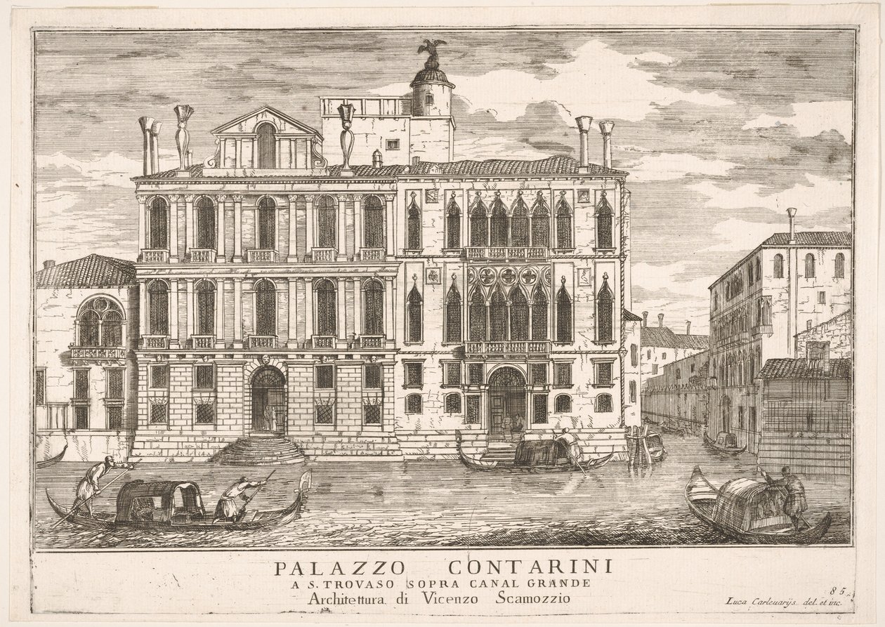 Skylt 85: Utsikt över Contarini-palatset i Campo San Trovaso, Venedig, 1703, från The build..., 1703. av Luca Carlevarijs