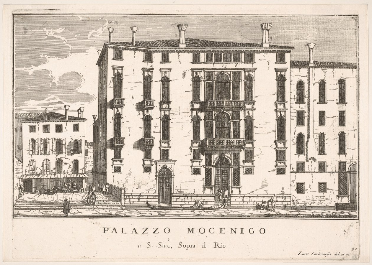 Skylt 91: Utsikt över Mocenigo-palatset i Campo San Stae, Venedig, 1703, från byggnaderna..., 1703. av Luca Carlevarijs