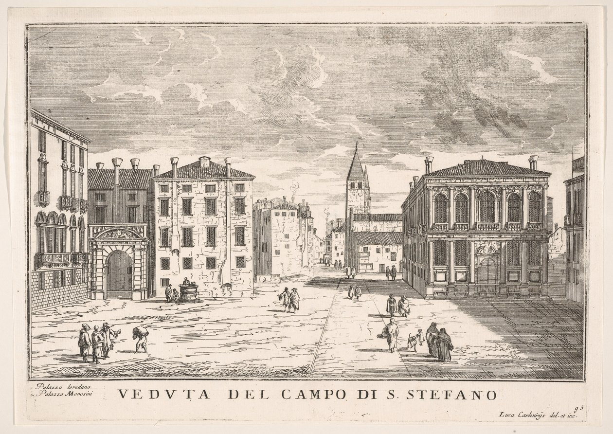 Skylt 95: Utsikt över Campo Santo Stefano med Loredanpalatset och Morosinipalatset, Venedig ..., 1703. av Luca Carlevarijs