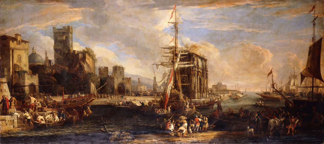 En Capriccio av en hamn vid Medelhavet med österrikisk sjöfart, köpmän och sjömän på kajer i förgrunden, ett sällskap av milis nära Konstantins båge och Castel Sant"Angelo bortom, av Luca Carlevaris