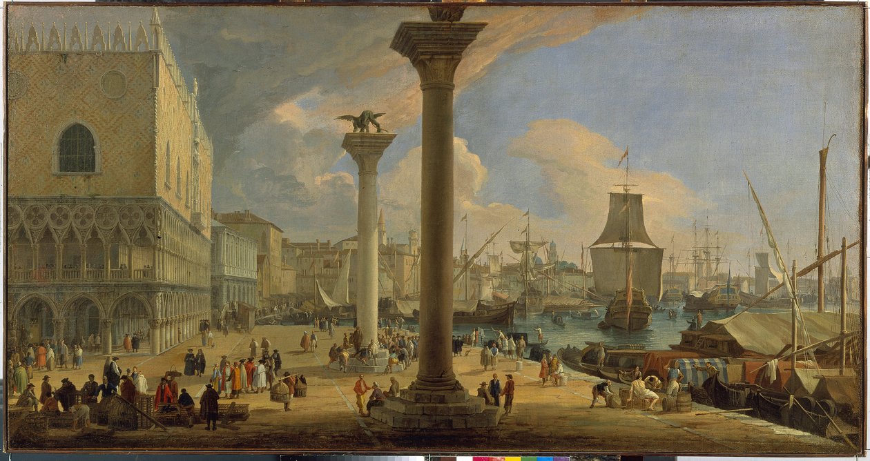 Molo och hertigpalatset (Venedig, Italien) - Målning av Luca Carlevaris (1663-1730), olja på duk, ca 1710, 64x121 cm - Molo med hertigpalatset, Olja på duk av Luca Carlevaris - Eremitaget, St. -Petersburg av Luca Carlevaris