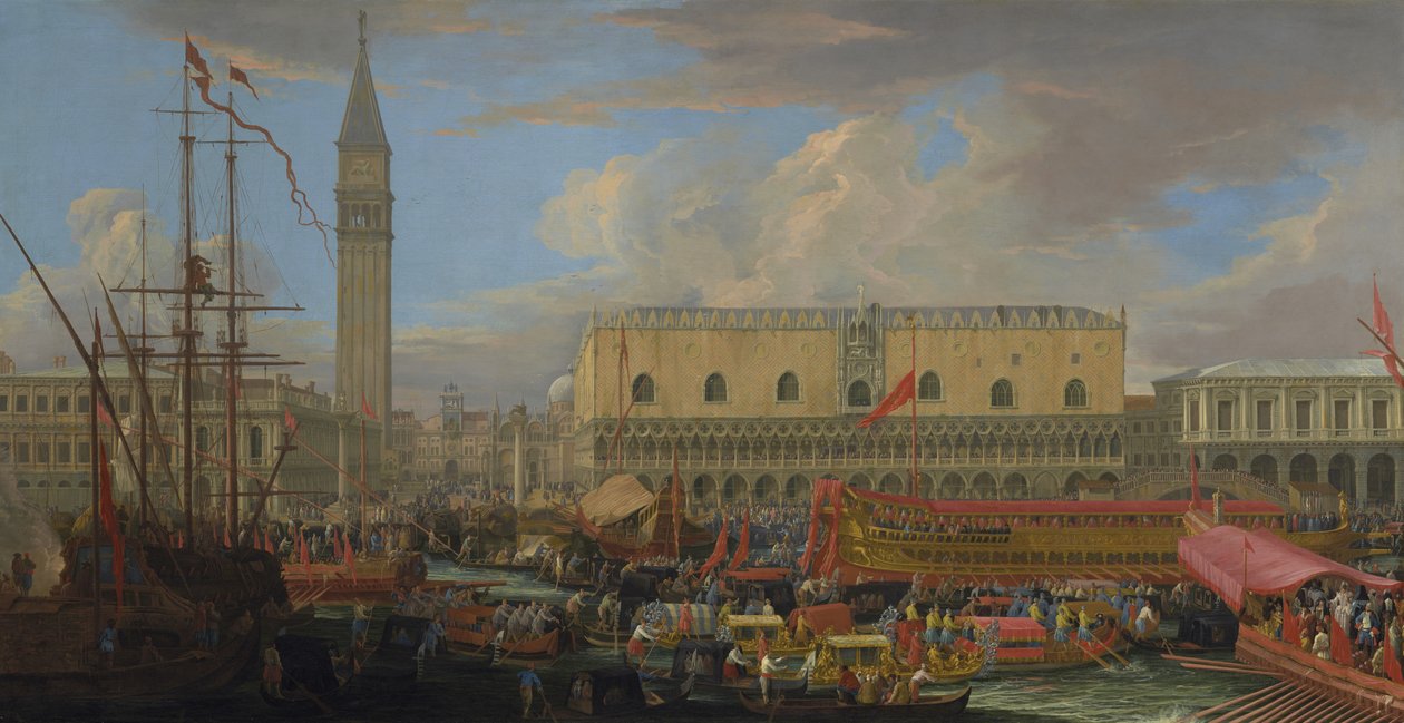 Bucintoro avgår från San Marcos bassäng, 1710 av Luca Carlevaris