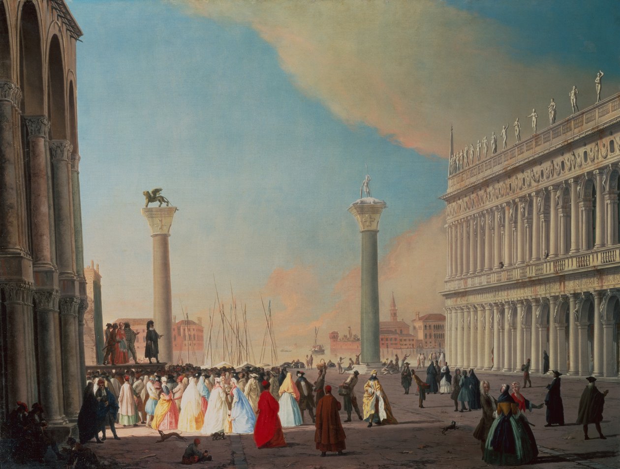 Piazzetta, Venedig, med utsikt söderut framför San Marcos fasad (olja på duk) av Luca Carlevaris