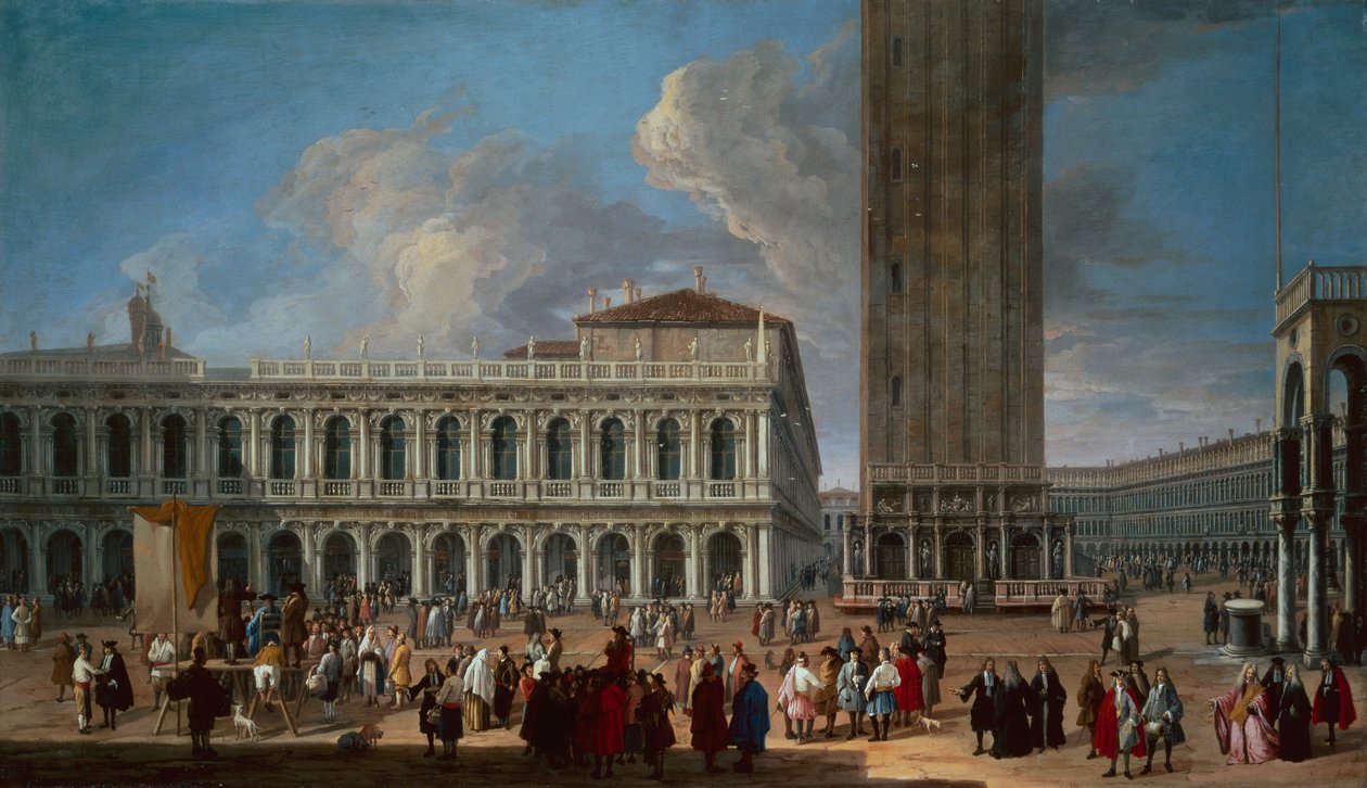 Piazzetta och Piazza San Marco, Venedig (olja på duk) av Luca Carlevaris