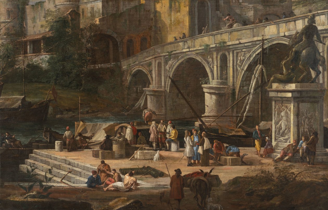 Utsikt över en flodhamn, mellan 1690 och 1699. av Luca Carlevaris