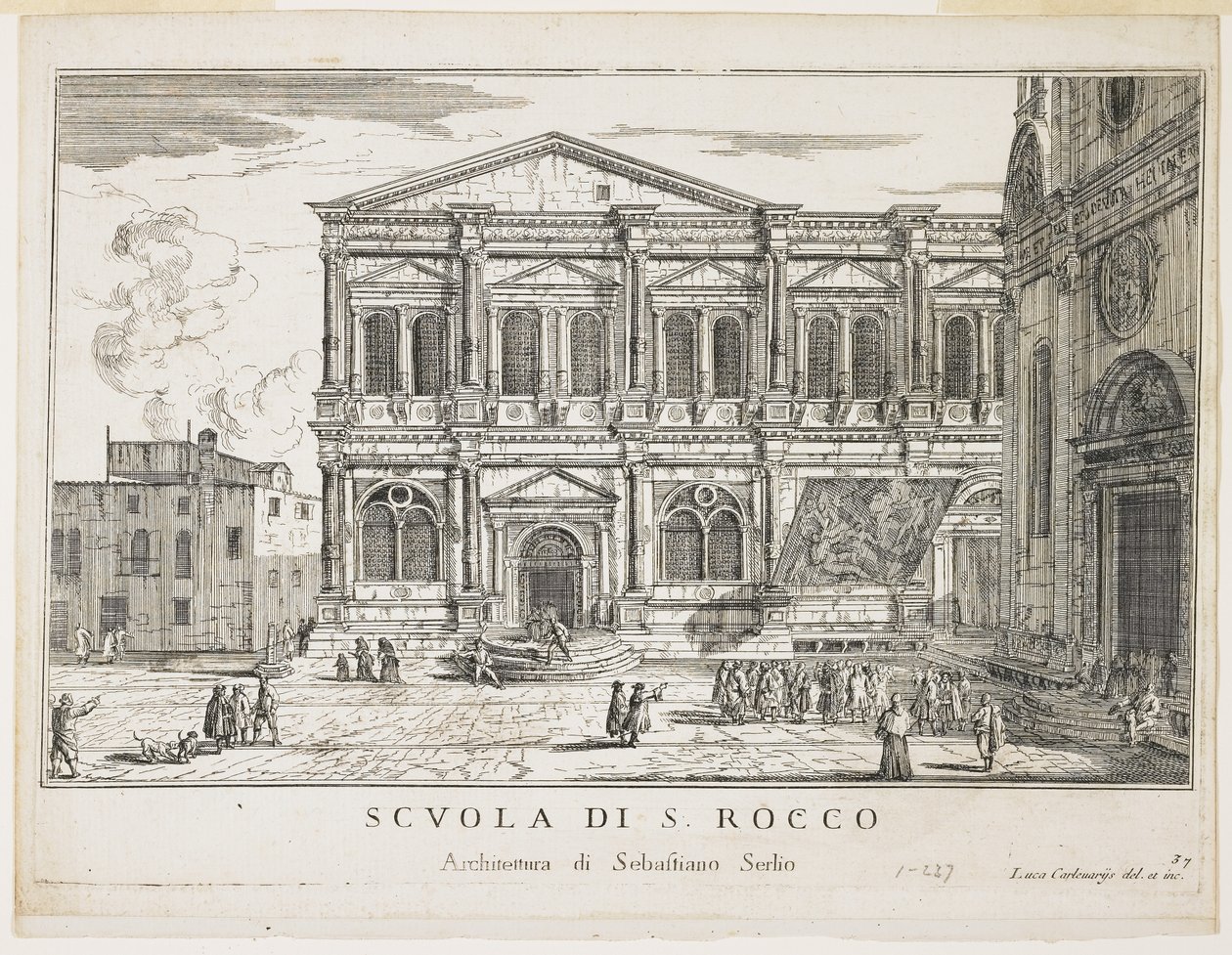 Utsikt över St. Roccos brödraskap, tallrik från The Buildings and Views of Venice, 1703, 1750-53 av Luca Carlevaris