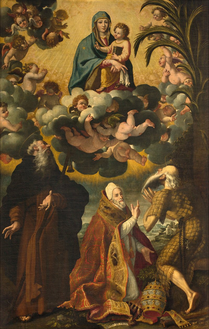 Sankt Antonius, Madonnas och barnets altare med de heliga Anthony Abbot Paul Eremit och påven Gregory XIV, Luke Cattapane 1593 av Luca Cattapane