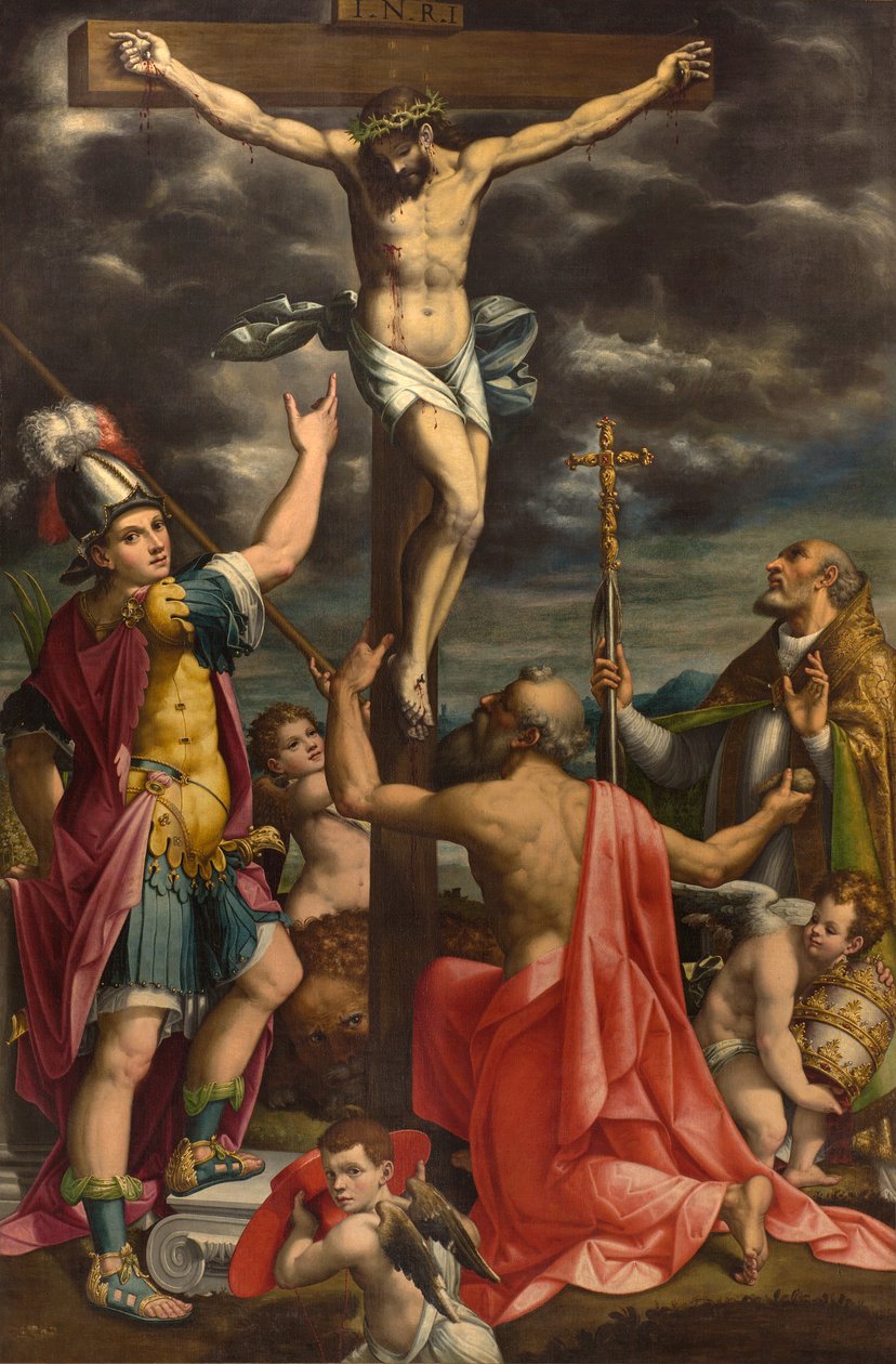 San Fermos altare, korsfästelse med de heliga Fermo Jerome och påven Gregorius XIV, Luca Cattapane 1593 av Luca Cattapane