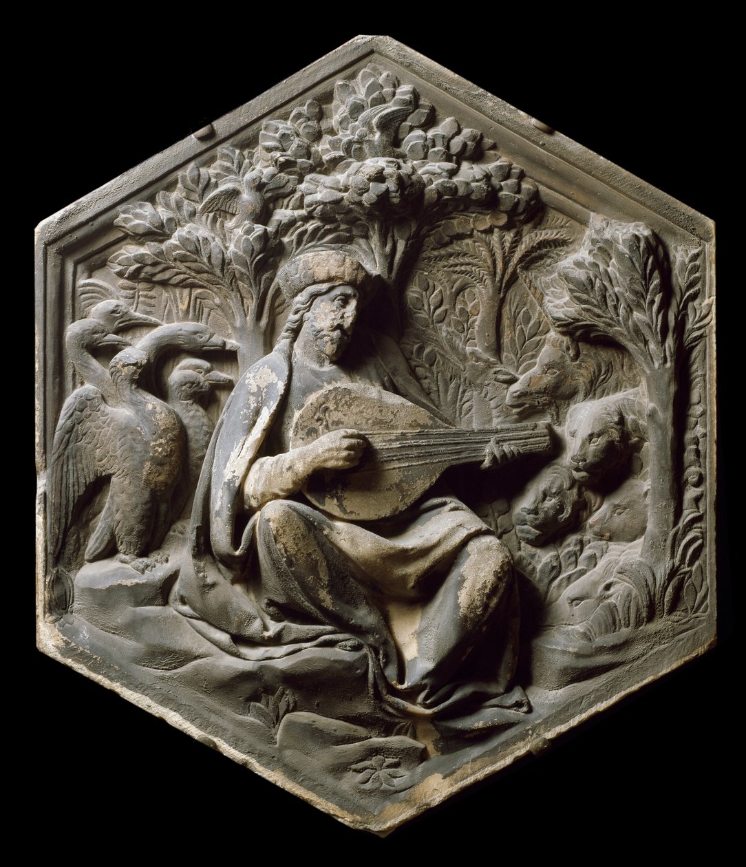 Allegory of Music som Orphee Skogens djur lyssnar på Orphee som spelar luta. Hög relief av Luca della Robbia av Luca Della Robbia