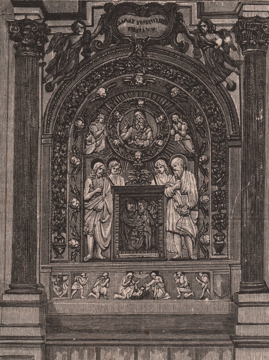 Altaret i Santa Maria delle Grazie-kyrkan, av Luca della Robbia, Montepulciano, Toscana, Italien, träsnitt från Le cento citta d