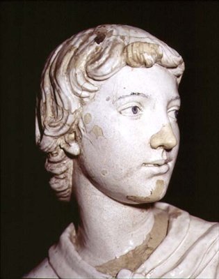 Ljusbärande ängel, detalj av huvudet (glaserad keramik) (detalj av 97636) (för par se 97637-8) av Luca Della Robbia