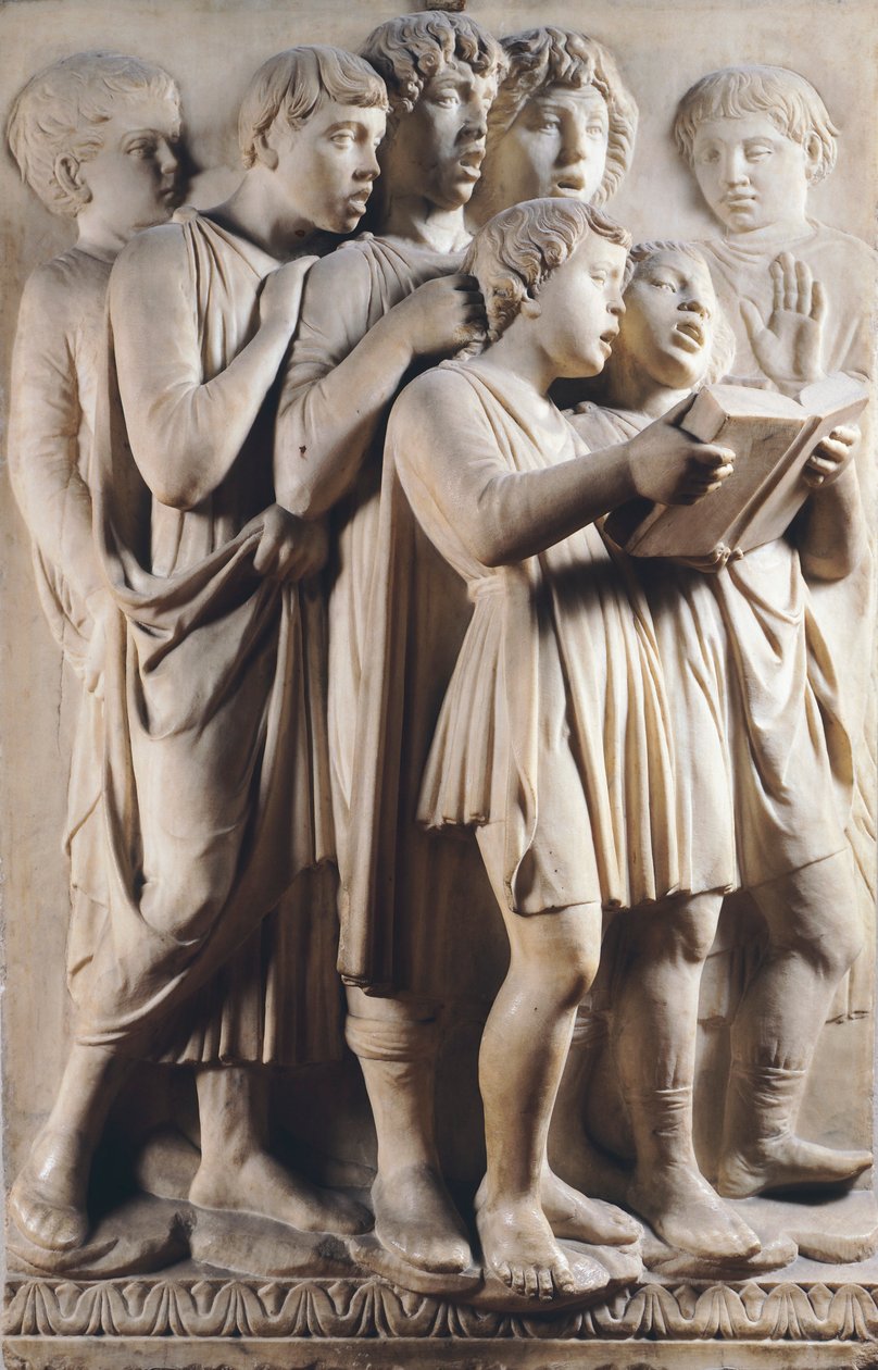 Barn och keruber som sjunger, detalj av Cantoria (körgalleri) av Luca Della Robbia
