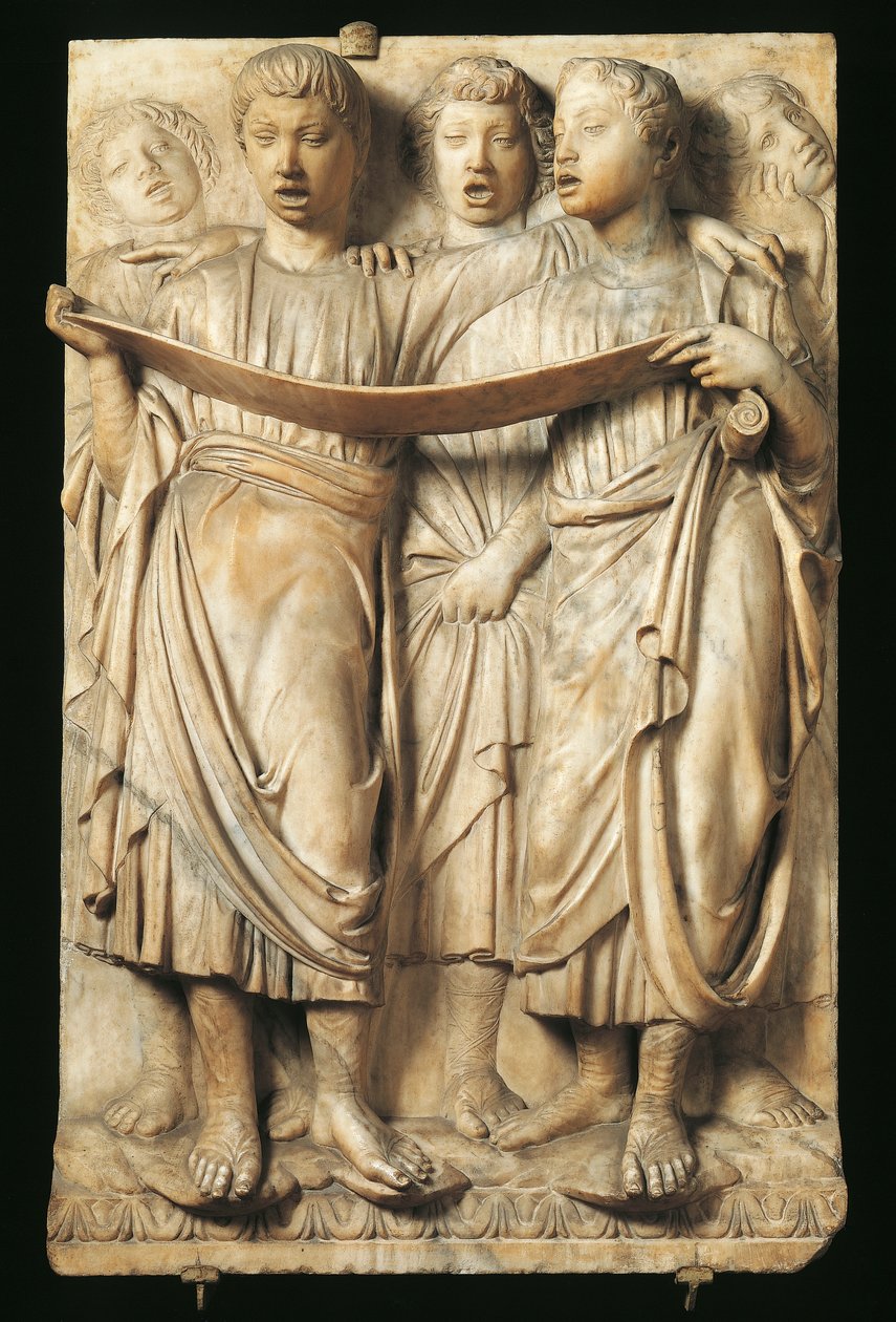 Barn som sjunger, detalj från Cantoria (körgalleri) av Luca Della Robbia (ca 1400-1481), marmor, relief för katedralen Santa Maria del Fiore, Florens av Luca Della Robbia