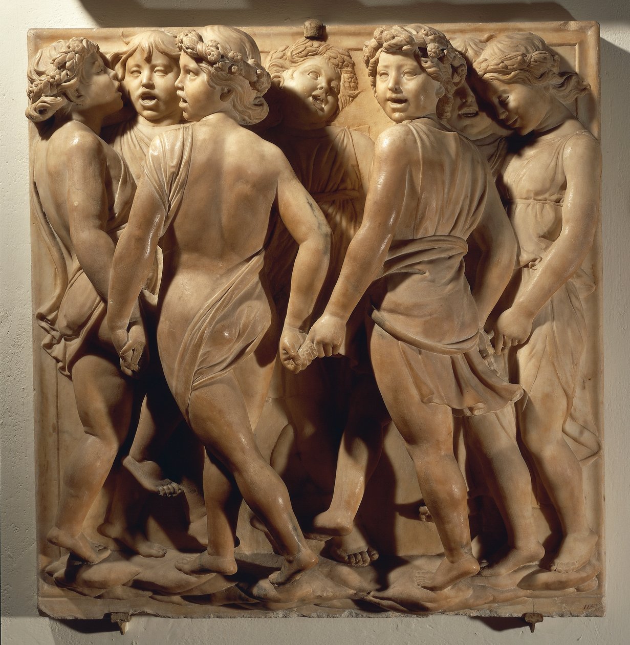 Prisa honom i kören (Psalm 150, Prisa Herren), panel med pojkar som sjunger och dansar i ring av Luca Della Robbia