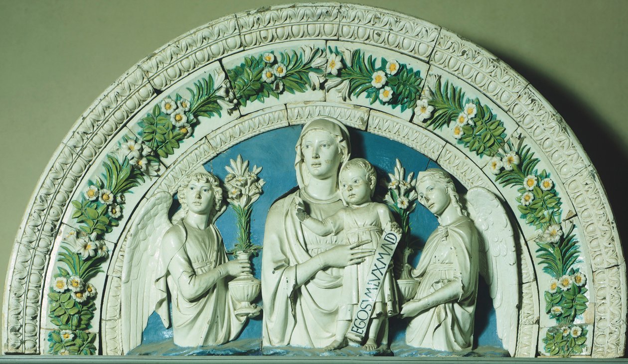 Madonna och barn, av Luca della Robbia (cirka 1400-1482), ram av glaserat lergods av Luca Della Robbia
