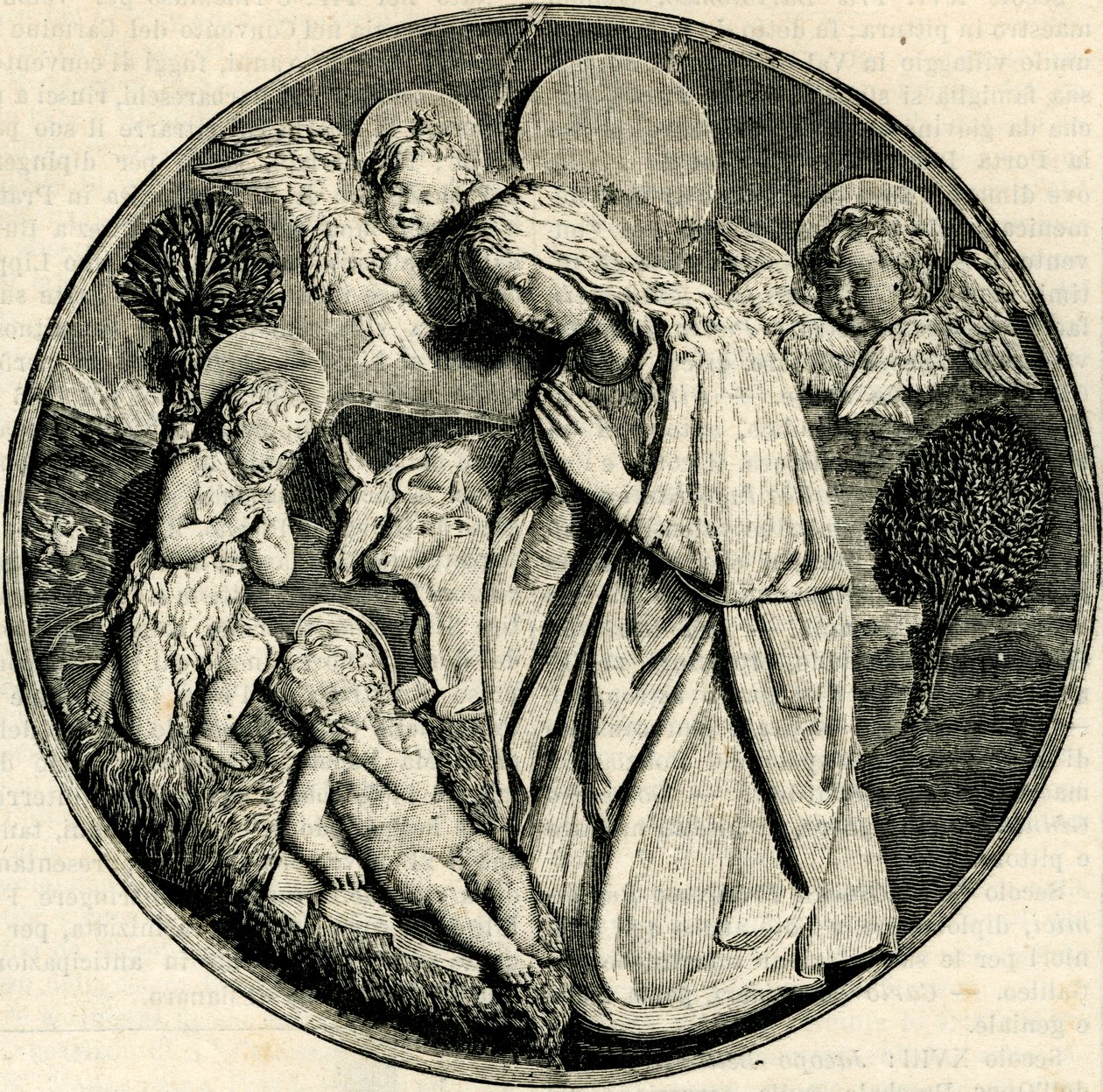 Madonna i tillbedjan av barnet med spädbarnet Johannes Döparen och keruberna, av Luca della Robbia (1399/1400-1482), Prato, Toscana, Italien, träsnitt från Le cento citta d