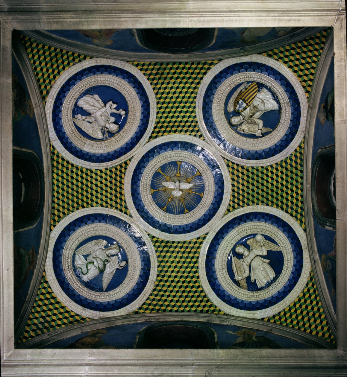 Utsikt över taket med rundlar som representerar den Helige Ande och de fyra kardinaldygderna, 1460-talet (glaserad terrakotta) av Luca Della Robbia