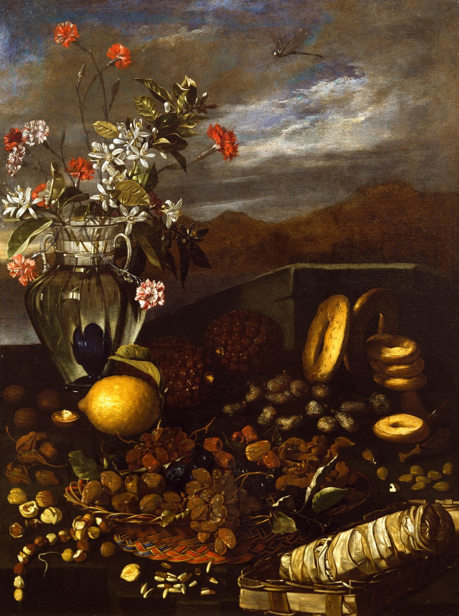Stilleben med torkad frukt, blommor och landskap, av Luca Forte (1610-1670) av Luca Forte