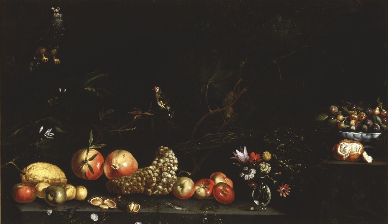 Stilleben med frukt, blommor, en hök och en guldfink, 1620-30 av Luca Forte