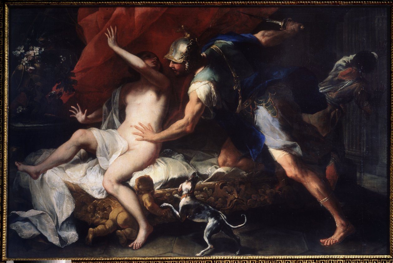 (Tarquinius och Lucretia) Våldtäkten av Lucrece (Lucrezia, Lucretia, romersk dam), offer för våldet av sin kusin Sextus Tarquin, son till Tarquin den Superb. Målning av Luca Giordano (1632-1705) Statens konstmuseum från 1600-talet, Tula, Ryssland av Luca Giordano