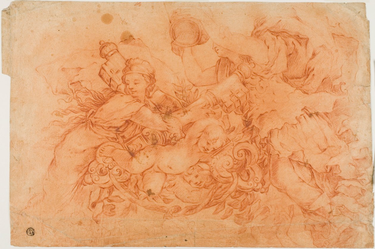 Allegoriska figurer som håller de påvliga insignierna, studie efter Allegory of Divine Providence i Palazzo Barberini i Rom av Luca Giordano