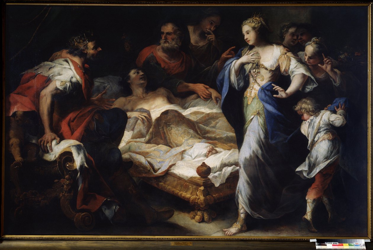 ""Antiochus (ou Antiochos) et Stratonice (ou Stratonike)"" (Antiochus och Stratonice) Antiochus, son till kung Seleucus (eller Seleucus) I Nicator behandlas av läkaren Erasistratus av Ceos för en sjukdom på grund av hans kärlek till Stratonice, hans fars f av Luca Giordano