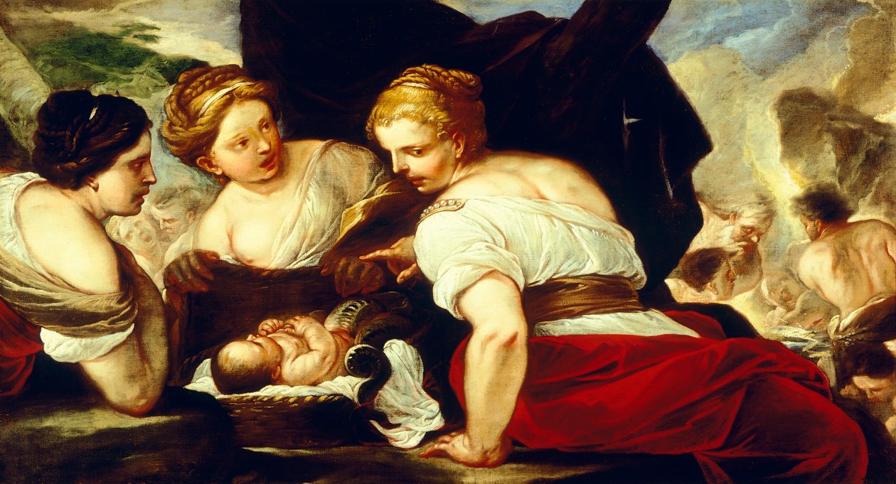 Daughters of Cecrops öppningskorg som rymmer baby Erichthonius, av Luca Giordano (1634-1705), olja på duk, 76,5x133,5 cm av Luca Giordano
