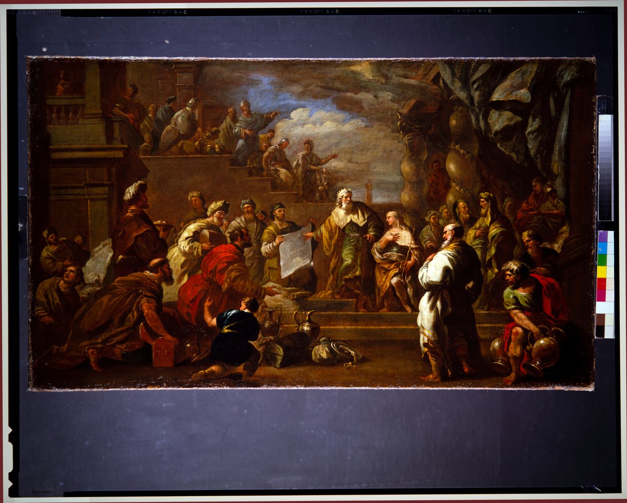 David visar Salomo planerna på templet (duk) av Luca Giordano