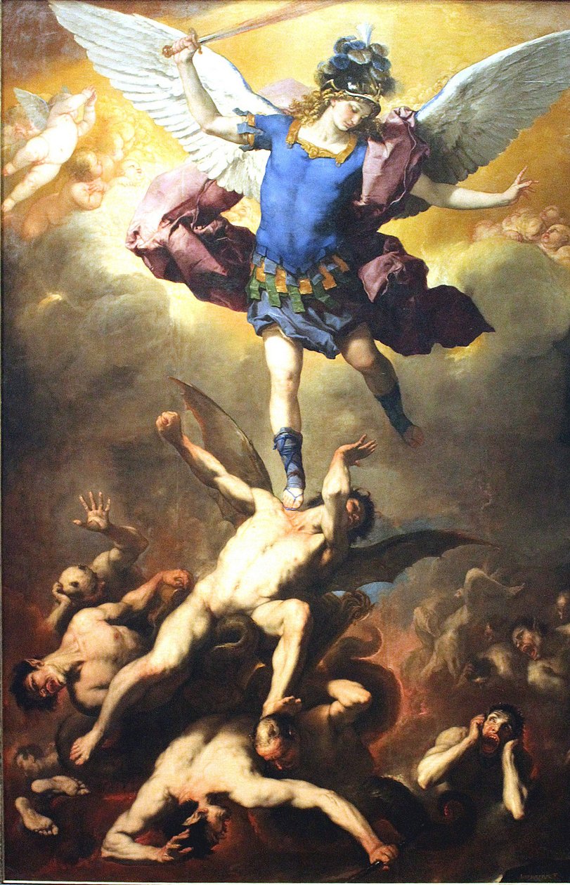 Ärkeängeln Mikael störtar de avhoppade änglarna av Luca Giordano