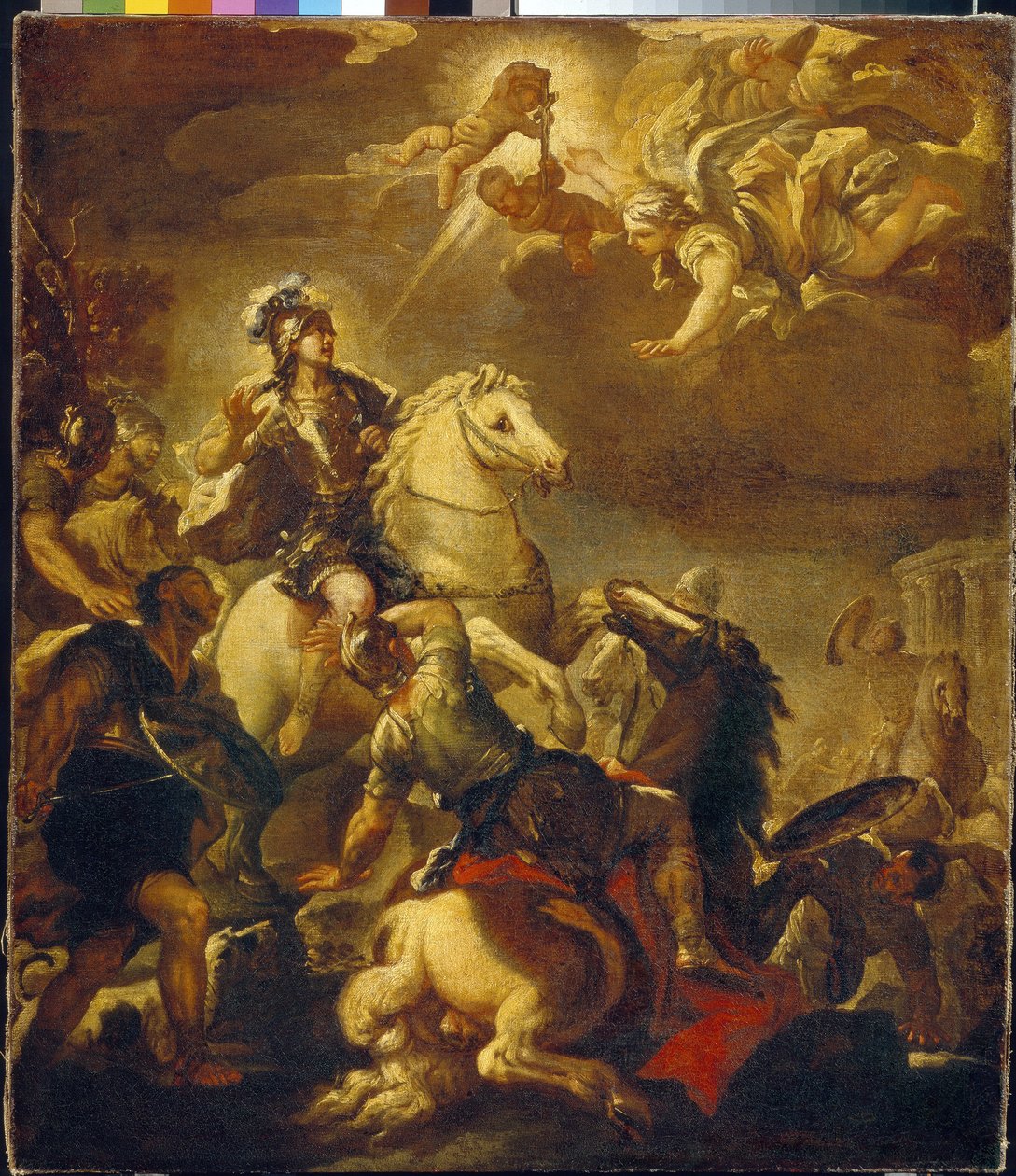 Korsets framträdande för kejsar Konstantin (Flauius Valerius Aurelius Constantinus, 272-306). (Korsets uppenbarelse för kejsaren Konstantin). Målning av Luca Giordano (1632-1705), olja på duk, cirka 1680. Italiensk konst (Neapel) av Luca Giordano